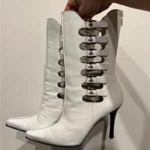 Stuart weitzman mid calf white cut out heeled boots, silver buckle accent